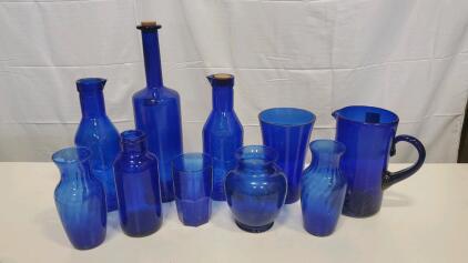 Vintage Cobalt Blue Glassware Collection &ndash; Vases, Bottles, Pitcher, and Faceted Tumblers