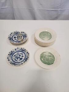 Homer Laughlin Pastoral & Blue Onion Japan Ceramic Salad Plates, 11 Pc, Vintage Patterns