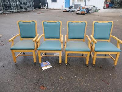 Set of 4 Light Wood Armchairs with Teal Vinyl Upholstery and Casters, Padded Seat/Back