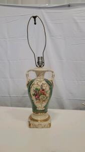 Ornate Vintage Floral Ceramic Table Lamp, Vase Form with Relief Flowers, Green & Gold Accents, 26"