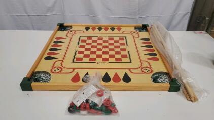 Carrom 29" Multi-Game Board, Chess & Checkers Layout, Cue Sticks, Coins, Nets Included