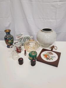 Traditional Chinese Porcelain Dragon Figurine, Green & White Glaze, 13", Coiled Style with Pearl
