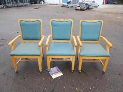 Set of 3 Wood Frame Armchairs with Casters, Padded Seat/Back, Teal Upholstery