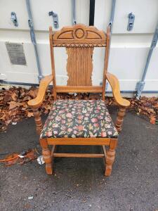 Victorian-style Oak Armchair with Floral Upholstered Seat, Carved Back, Turned Legs, Scroll Arms