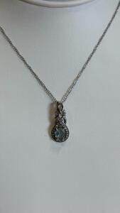 Sterling Silver Necklace with Oval Blue Gemstone Pendant, Prong/Halo Setting, 18 Inch Chain