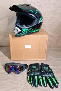 (1) Virtue - Green On Black - Off Road - Motorcycle - Dirt Bike - ATV Motocross - Helmet, W/ Gloves & Goggles, Size M
