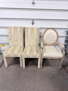 Mixed Set of 3 Dining Chairs &ndash; 2 Upholstered Parsons + 1 French Style Oval Armchair, Beige & Cream