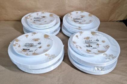 (8) 32-Piece CoupeWare Splatter Combo Packs - (16) 7.5" & (16) 10.25" Plastic Plates, Gold On White