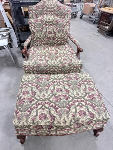 Queen Anne Style Upholstered Armchair, Floral Jacquard, Carved Wood Frame, Cabriole Legs