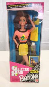 1993 Mattel Glitter Hair Barbie Brunette, Tropical Outfit, Sealed Box, Item 10966 With Glitter Gel
