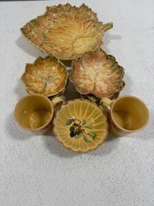 Hand-Painted French & Portuguese Ceramic Leaf Plates, Mugs, Olive Dishes, 13-Piece Set