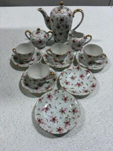 Porcelain Tea Set, 13-Piece, Floral Pink Roses & Gold Trim, Teapot, Creamer, Sugar, Cups, Plates