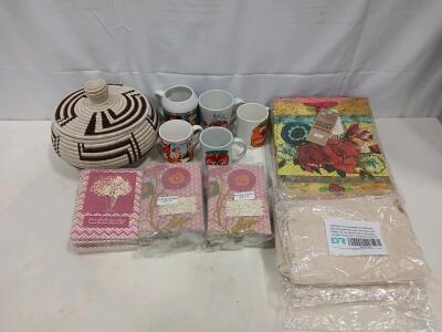 Assorted Giftware Lot: Handwoven Basket, Coca-Cola Mugs, 50 Journals, Tote, Canvas Pack
