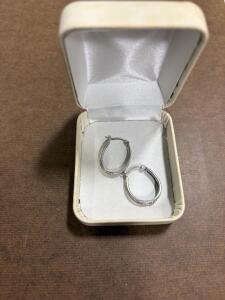 Sterling Silver 925 Hoop Earrings with Pave Simulated Diamonds, Hinged Clasp, 15mm, Boxed