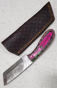 (1) Fixed Blade Damascus Steel Utility Knife With Wood Handle And Sheath