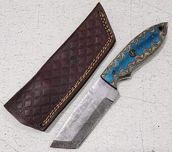 (1) Fixed Blade Damascus Steel Utility Knife With Wood Handle And Sheath
