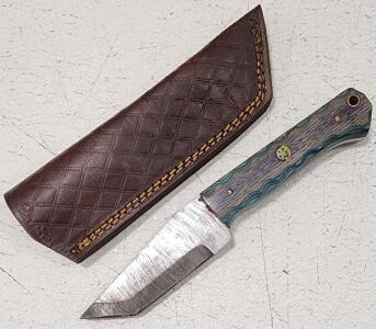 (1) Fixed Blade Damascus Steel Utility Knife With Wood Handle And Sheath
