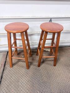 Pair of 29" Solid Wood Bar Stools with Round Seats and Footrest Rails - Medium Wood Finish