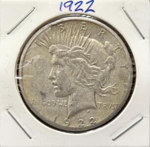 1922 Peace Silver Dollar, Philadelphia Mint, 90% Silver, Anthony de Francisci, Circulated