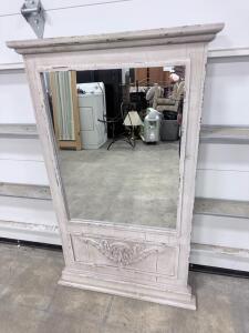 Ornate Distressed French Country Mantel Mirror, Wood Frame, 50"x32", Antique White Finish