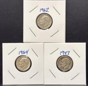 (3) Piece Roosevelt Silver Dime Lot &ndash; 1947, 1962, 1964 &ndash; 90% Silver, Circulated US Coins