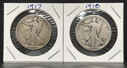 1917 and 1918 Walking Liberty Half Dollars, 90% Silver, Key Early Dates, Circulated