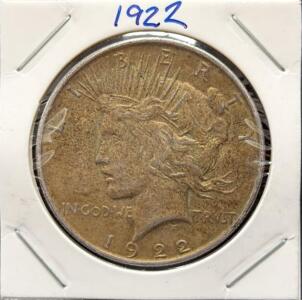 1922 Peace Silver Dollar, Philadelphia Mint, Circulated, 90% Silver, Cardboard Flip