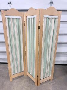 3-Panel Light Wood Room Divider, 70" Tall, Scalloped Top, Green & Cream Striped Fabric