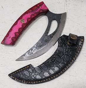 (1) Fixed Blade Cold Steel Ulu Knife With Wood Handle And Sheath