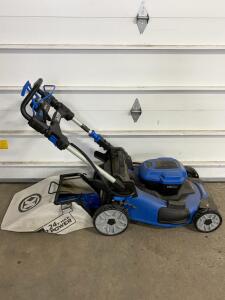 Kobalt 20" 24V Max Brushless Self-Propelled Cordless Lawn Mower with Charger & Bag. Powers on.