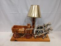 Western Horse-Drawn Wagon Table Lamp &ndash; Wood, Metal Shade, Rustic D&eacute;cor, Approx. 24"x10"x22"