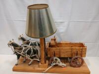 Western Horse-Drawn Wagon Table Lamp &ndash; Wood, Metal Shade, Rustic D&eacute;cor, Approx. 24"x10"x22" - 7