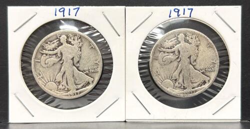 (2) 1917 Walking Liberty Half Dollar Coins, 90% Silver, Circulated Condition