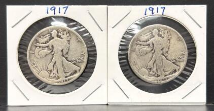 (2) 1917 Walking Liberty Half Dollar Coins, 90% Silver, Circulated Condition