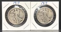 (2) 1917 Walking Liberty Half Dollar Coins, 90% Silver, Circulated Condition