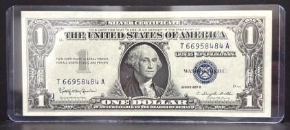 1957B $1 Silver Certificate Blue Seal, Serial T66958484A, Dillon/Granahan Signatures, Crisp Example