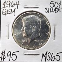 1964 MS65 Gem Silver Kennedy Half Dollar