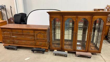 Thomasville Fisher Park 4-Door Lighted Oak China Cabinet Display Hutch, 78"x17"x82", USA