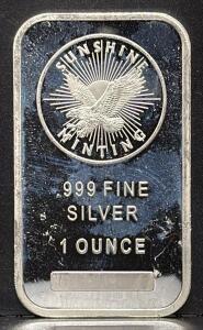 Sunshine Minting 1 oz Silver Bar .999 Fine, MintMark SI Security, No Serial
