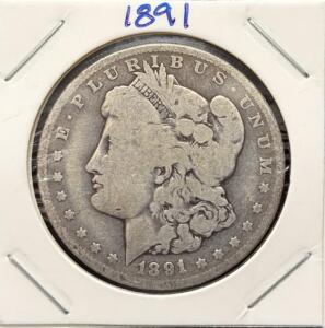 1891-O Morgan Silver Dollar, New Orleans Mint, 90% Silver, Circulated, in 2x2 Holder