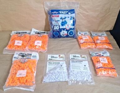 (1) 50-Count Bag Of Marshalltown Tile Ratchet Caps, (3) 100-Count Bags Of Tavy 2-Sided 1/4" Tile Spacers, (2) 100-Count Bags Of Tavy 2-Sided 1/4" T-Spacers & (2) 500-Count Bags Of Tavy 1/4" Cross Tile Spacers