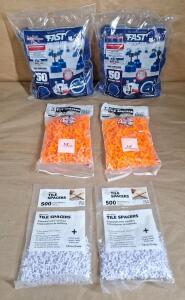 (2) 50-Count Bags Of Marshalltown Tile Ratchet Caps, (2) 100-Count Bags Of Tavy 2-Sided 1/4" Tile Spacers & (2) 500-Count Bags Of Tavy 1/4" Cross Tile Spacers