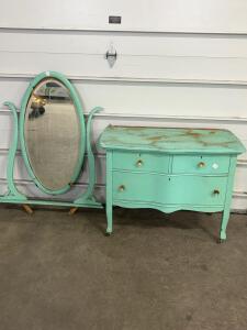 Antique B.E. Maple Vanity Dresser 1570 with Mirror, Turquoise Paint, 2 Drawers, Needs Restoration