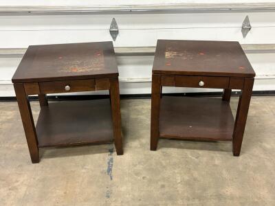 Square Wood End Tables with Drawer & Shelf, Dark Brown Finish, 24"x24"x24", Pair