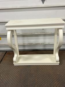 White Traditional Console Table, 42"x12"x30", Scroll Legs, Bottom Shelf