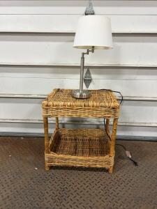 Brushed Nickel Table Lamp with White Shade & Wicker 2-Shelf End Table Set, 18"x18"x22". lamp powers on
