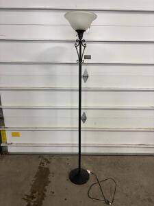 Black Metal Torchiere Floor Lamp with Frosted Glass Shade, 72" Tall, Standard Socket, Scrollwork