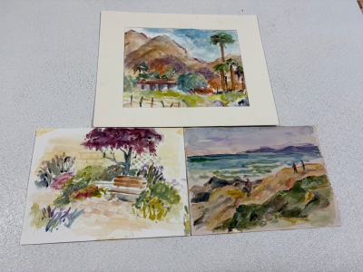 Set of 3 Original Watercolor Landscape Paintings, 10"x8", Garden, Mountain, Seaside Scenes