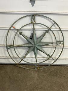 Large Metal Compass Wall Art, 36" Diameter, Nautical Decor, Blue-Green Patina & Brown Finish