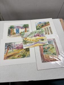 Original Watercolor Landscape Paintings Set of 5, Matted, Signed "WSxxxx", 12x16 in